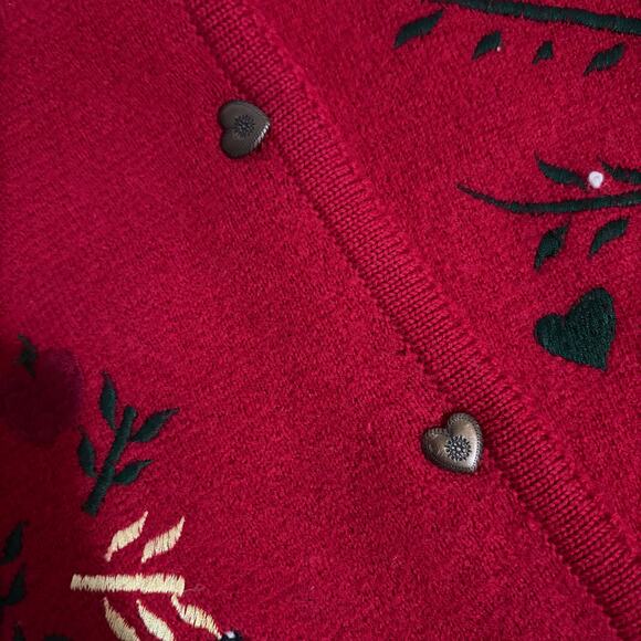 TALBOTS VTG 100% Wool Embroidered Hearts Birds Apple Beaded Cardigan Size L - Picture 12 of 15